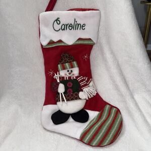 Fleece Fuzzy Christmas Stocking Winter SNOWMAN/Ski Poles Name CAROLINE 18.5”